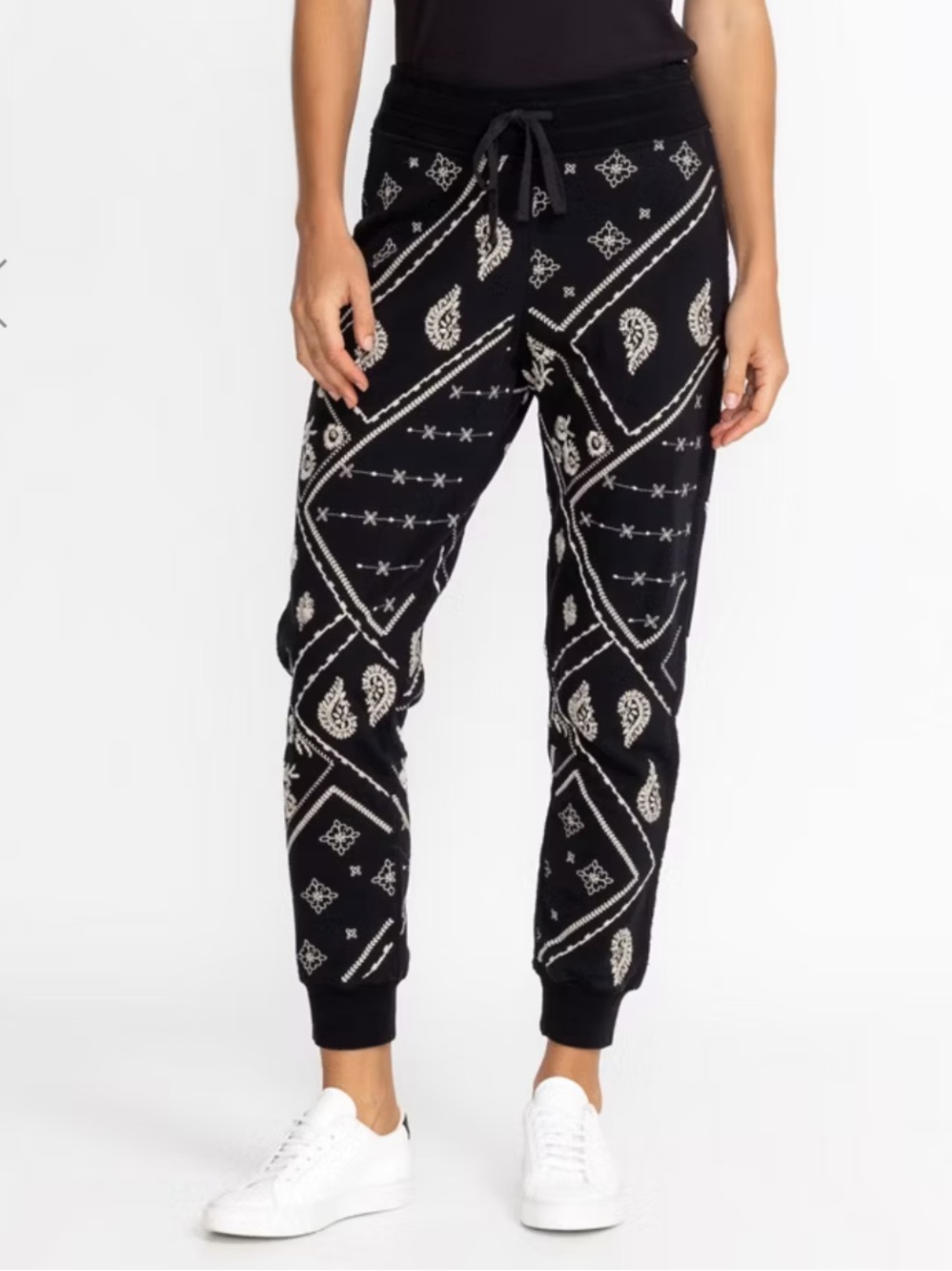 Johnny Was Black Embroidered Cotton Drawstring Devi Raw Seam Jogger Pants Sz. M